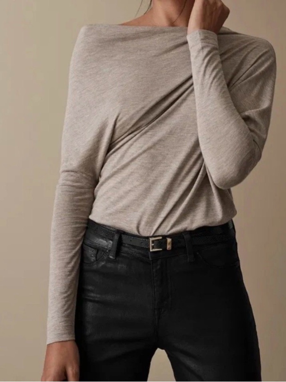 Reiss Norah Drape Top Beige Knit Off Shoulder XS NWOT #31